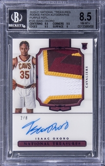 2020-21 Panini National Treasures Rookie Patch Autographs Purple FOTL #105 Isaac Okoro Signed Patch Rookie Card (#2/8) - BGS NM-MT+ 8.5/BGS 10